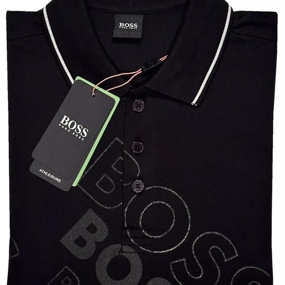NEW HUGO BOSS POLO SHIRT L SLIM FIT 3 BUTTON PIMA COTTON BLACK WORDMARK - Picture 3 of 4